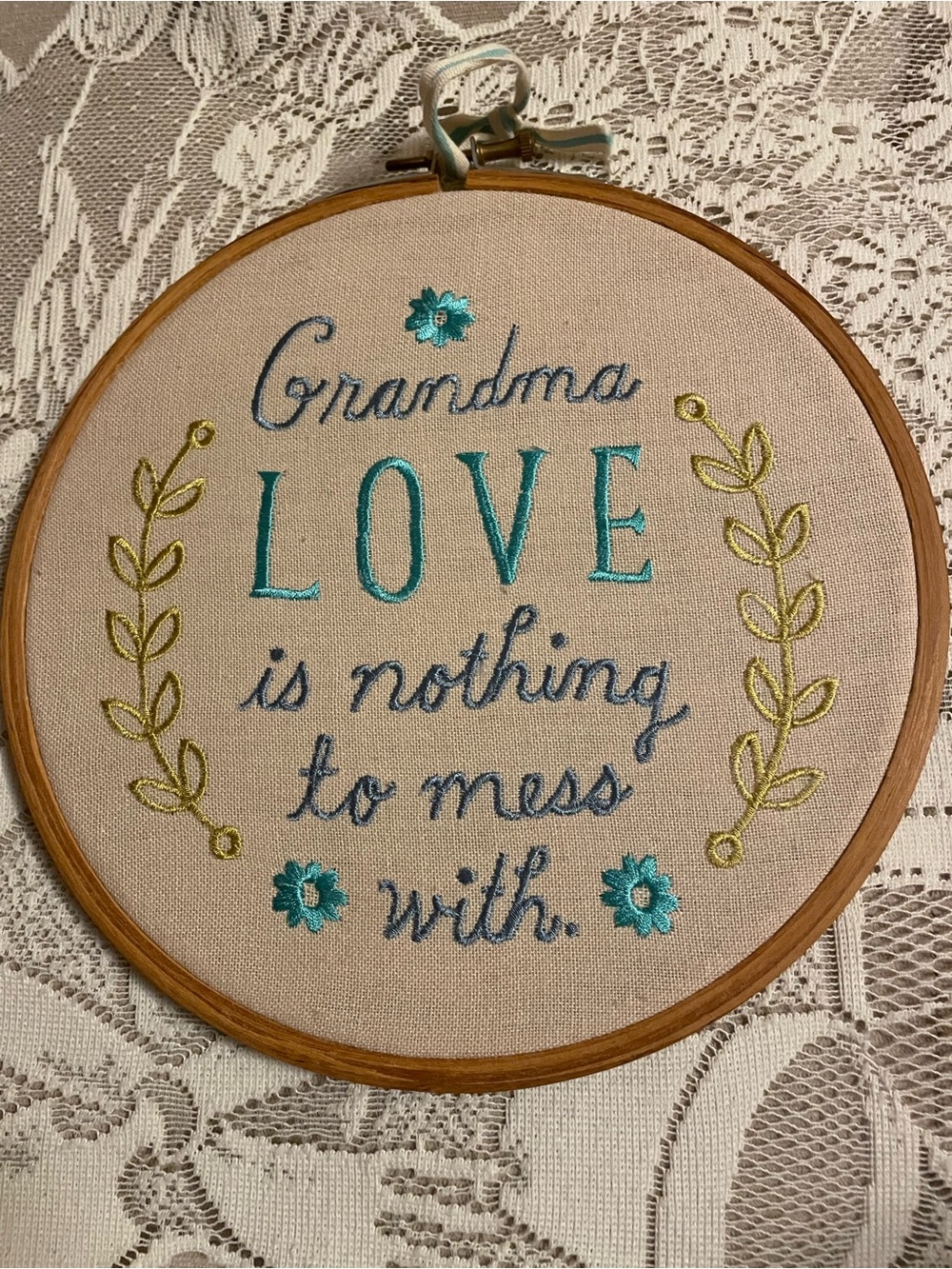 Grandma LOVE Embroidered Hoop Wall Decor - Teal & Gold